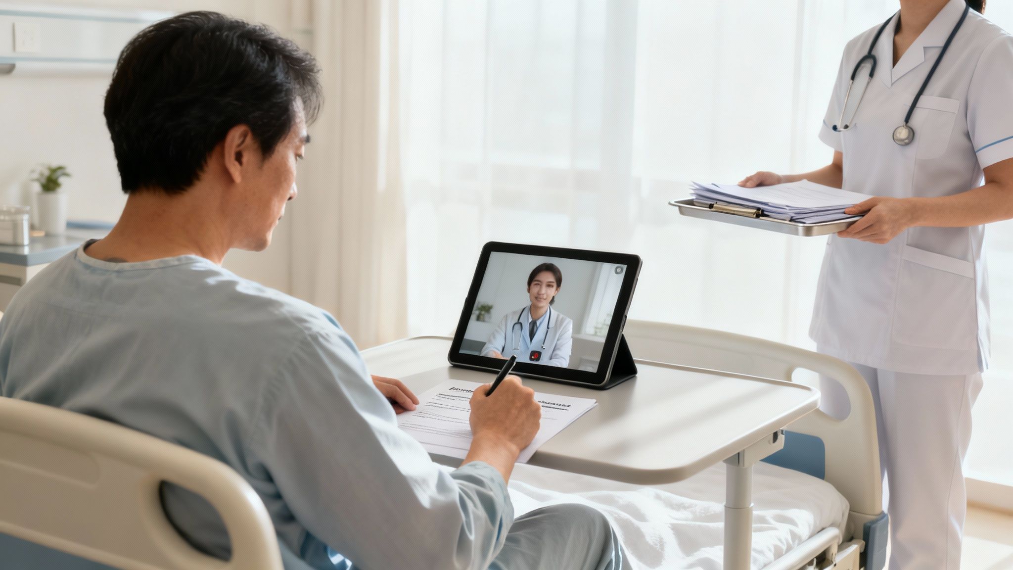Paciente en cama de hospital, en videollamada con doctora mientras firma documentos, con enfermera cerca.