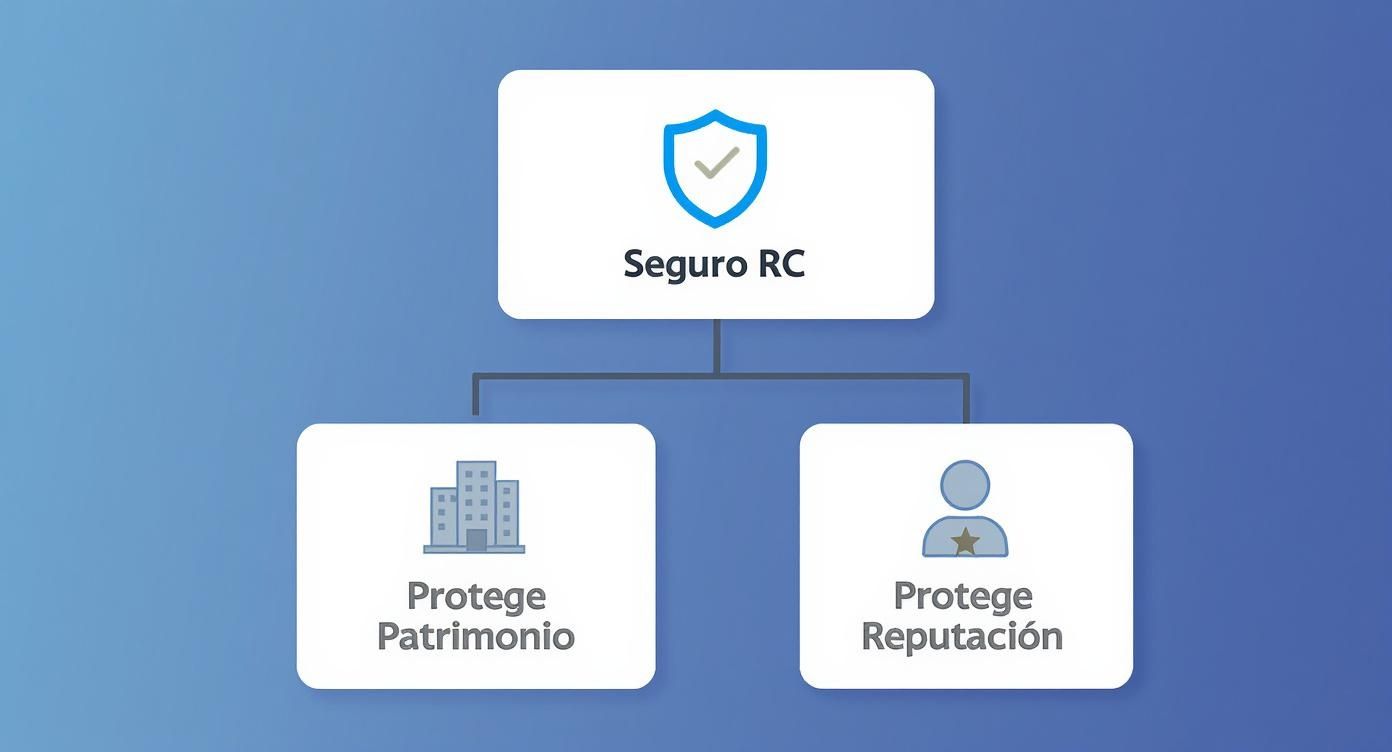 Infografía que muestra cómo un Seguro de Responsabilidad Civil protege el patrimonio y la reputación de un profesional.