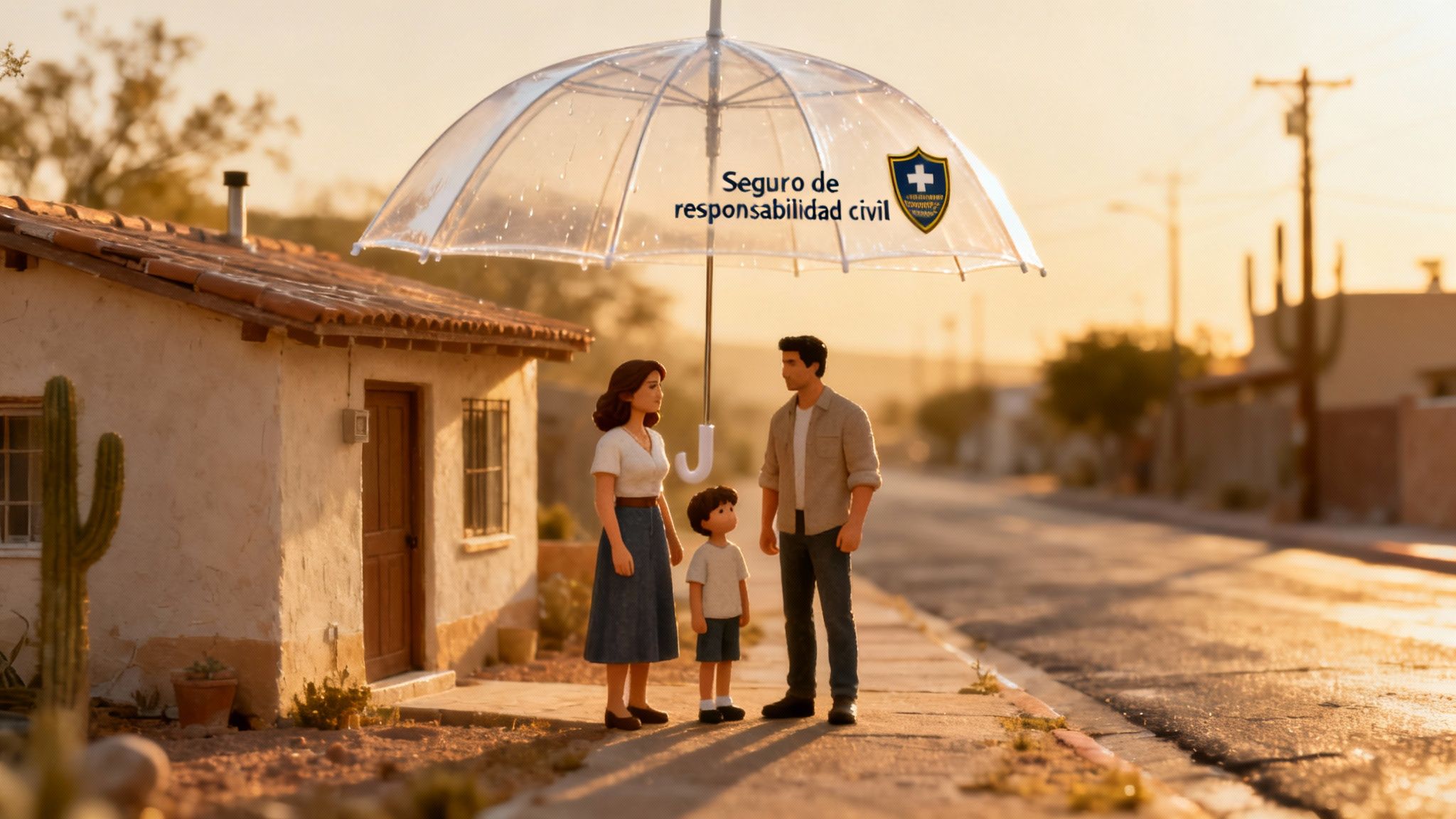 Una familia de tres bajo un paraguas transparente con el mensaje 'Seguro de responsabilidad civil' en un día soleado.