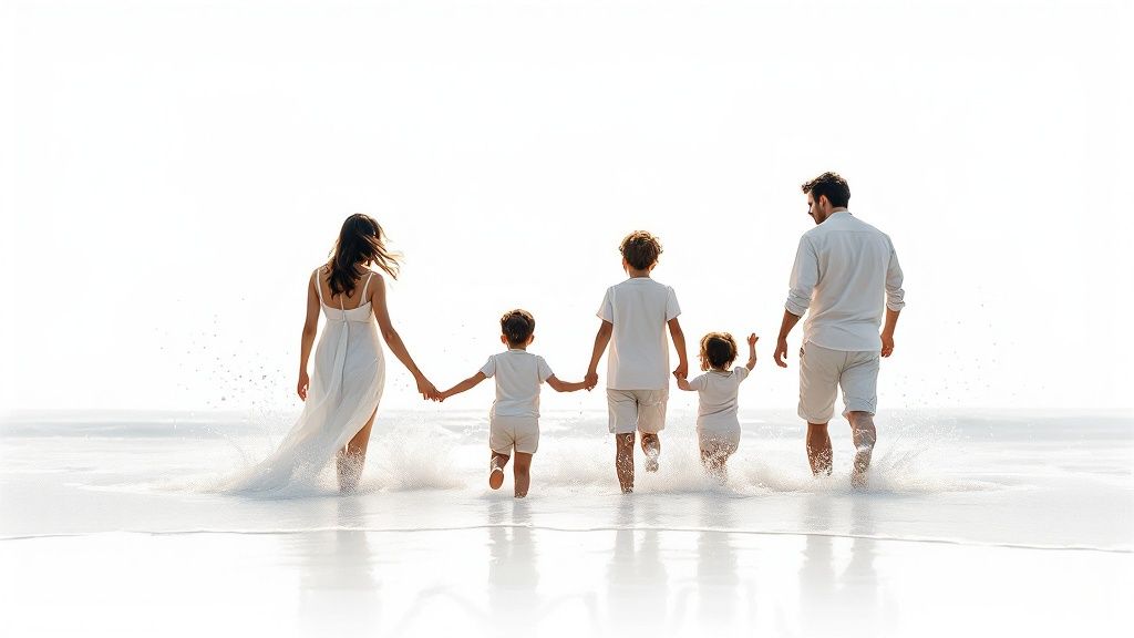 Una familia sonriente en Hermosillo, Sonora, protegida bajo un paraguas conceptual que lleva el texto 'La protección financiera como principal beneficio'.