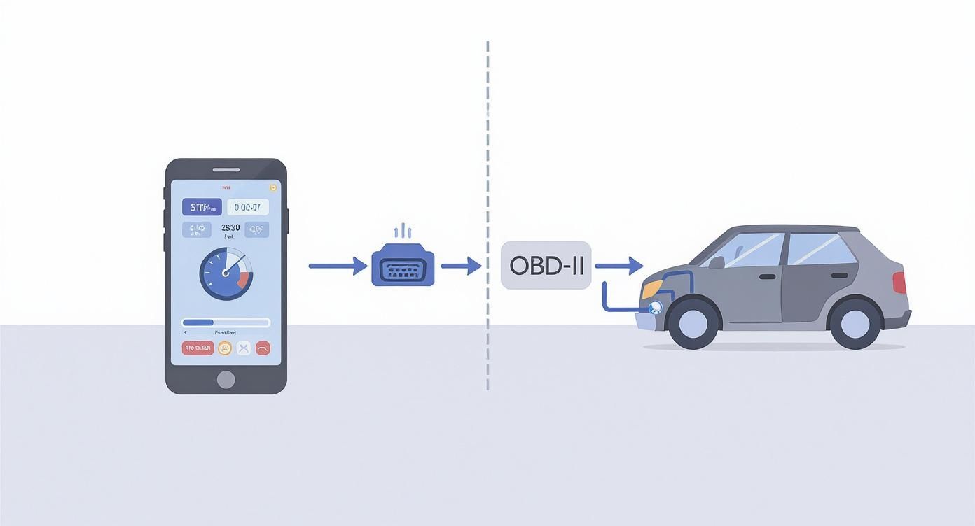 Diagrama de un sistema de diagnóstico de coche: smartphone, dispositivo OBD-II y vehículo, mostrando conectividad y datos.