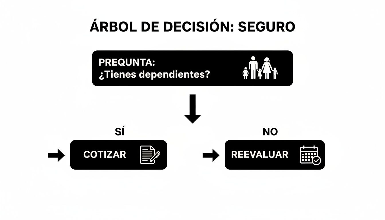 Diagrama de árbol de decisión sobre seguros. Pregunta si tienes dependientes para cotizar o reevaluar.