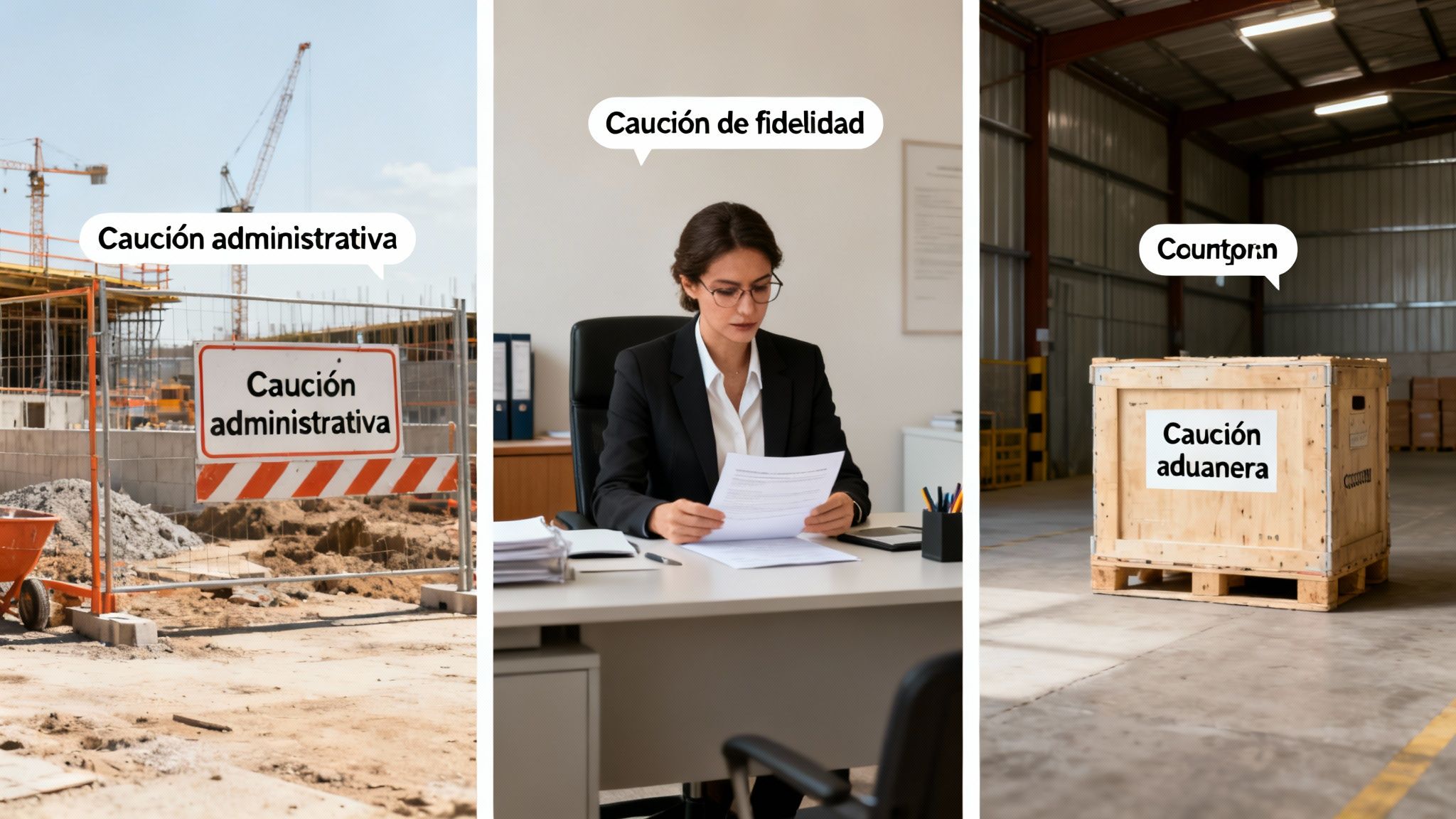 Imagen con tres escenas de cauciones: administrativa en obra, de fidelidad en oficina y aduanera.