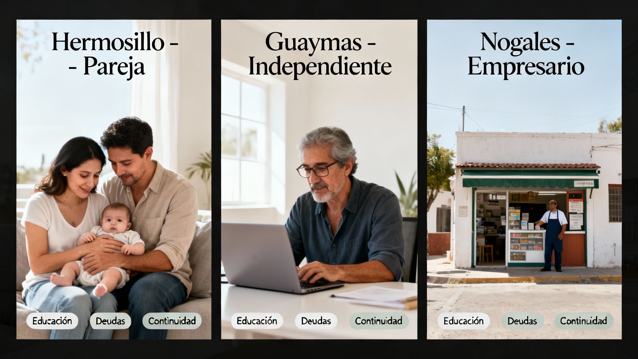 Representaciones de seguros de vida para diferentes perfiles: familia, trabajador independiente y empresario.