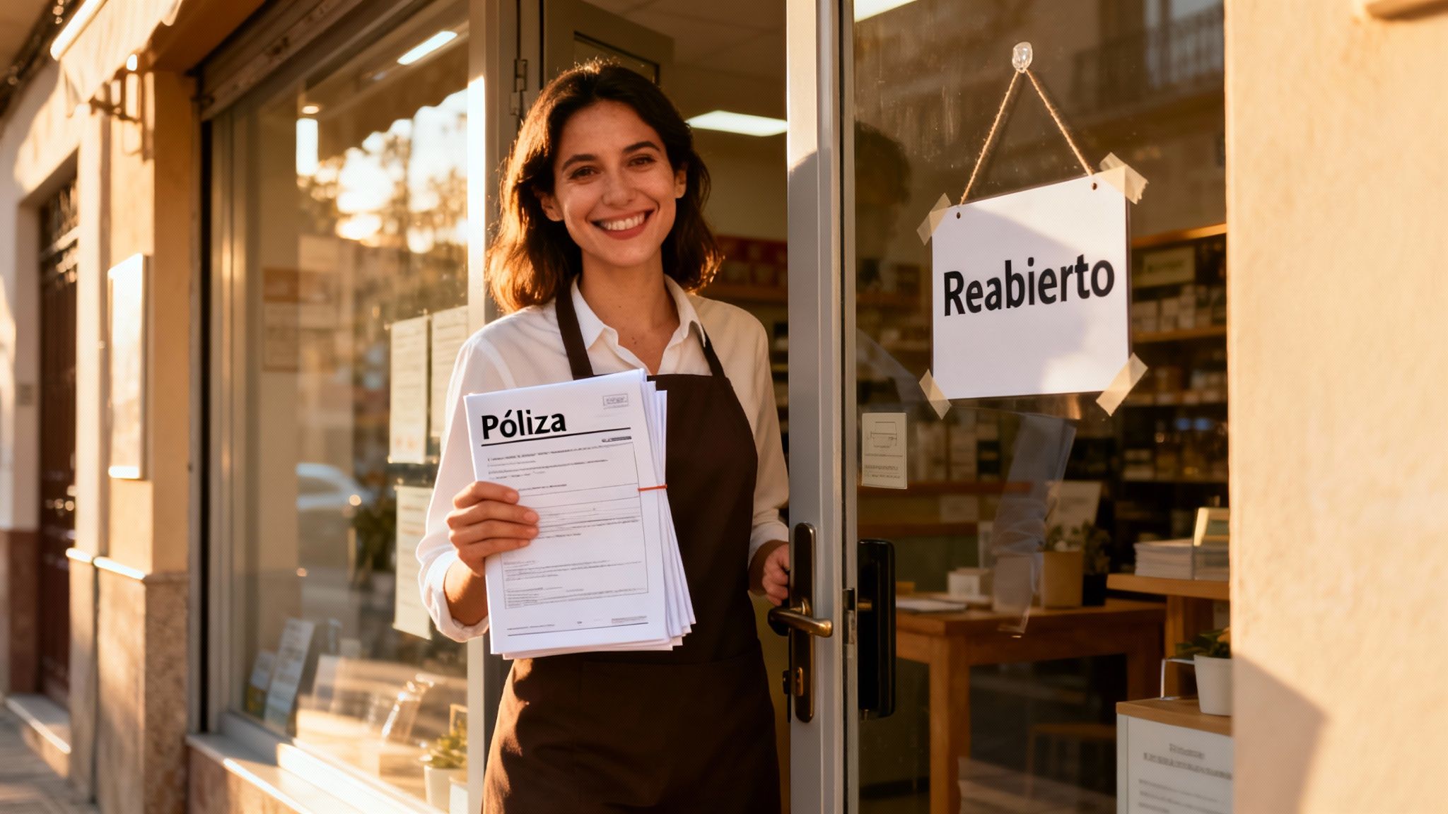 Mujer sonriente dueña de un negocio mostrando documentos de póliza en la entrada de su tienda reabierta.