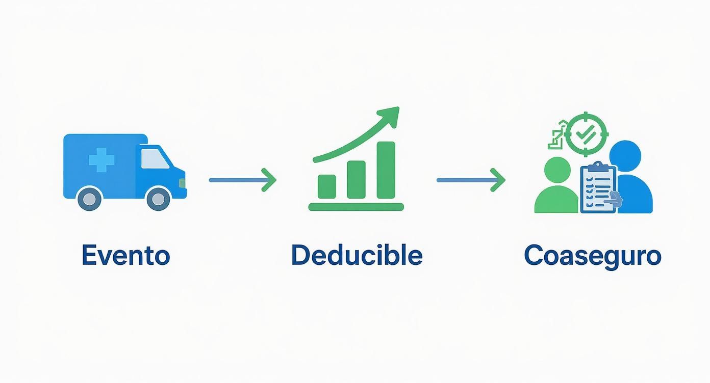 Diagrama que ilustra el proceso de un evento médico, el deducible y el coaseguro en seguros.