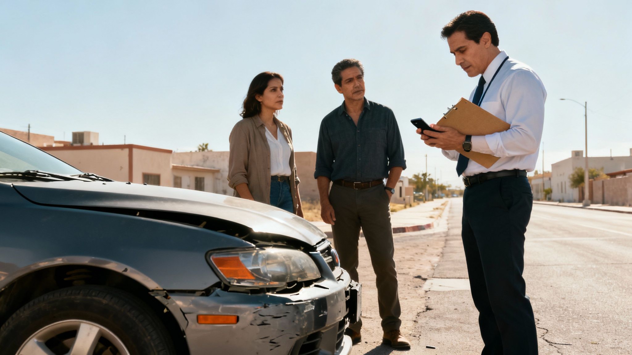 Ajustador de seguros atendiendo un siniestro en una calle de la ciudad