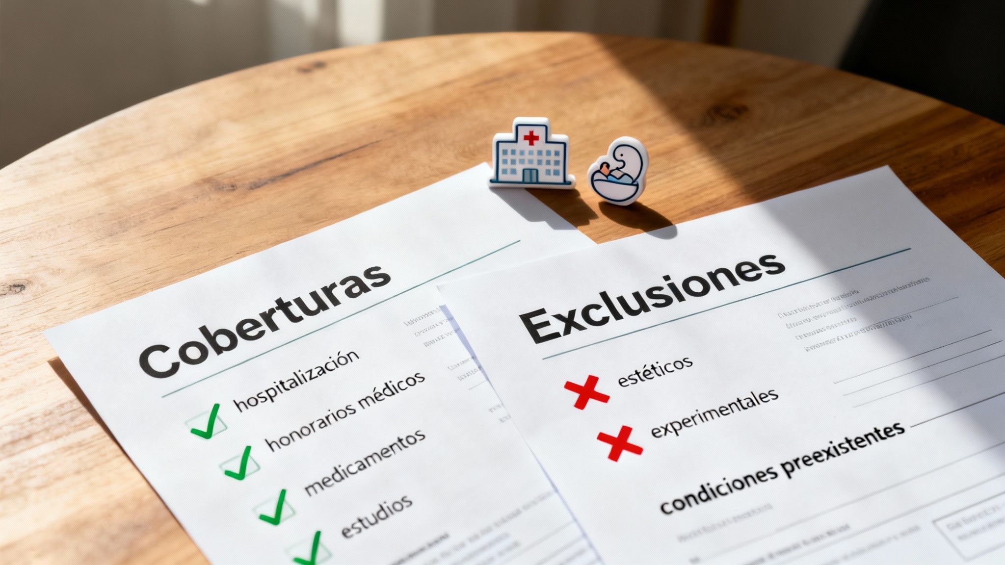 Documentos de seguro médico detallando coberturas como hospitalización y medicamentos, y exclusiones como tratamientos estéticos y experimentales, con figuras de hospital y paciente.