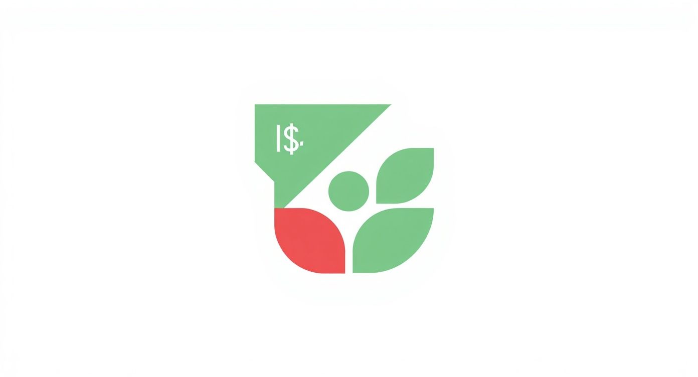 Ilustración de seguro de carga con símbolo de dólar y elementos florales representando protección financiera y crecimiento