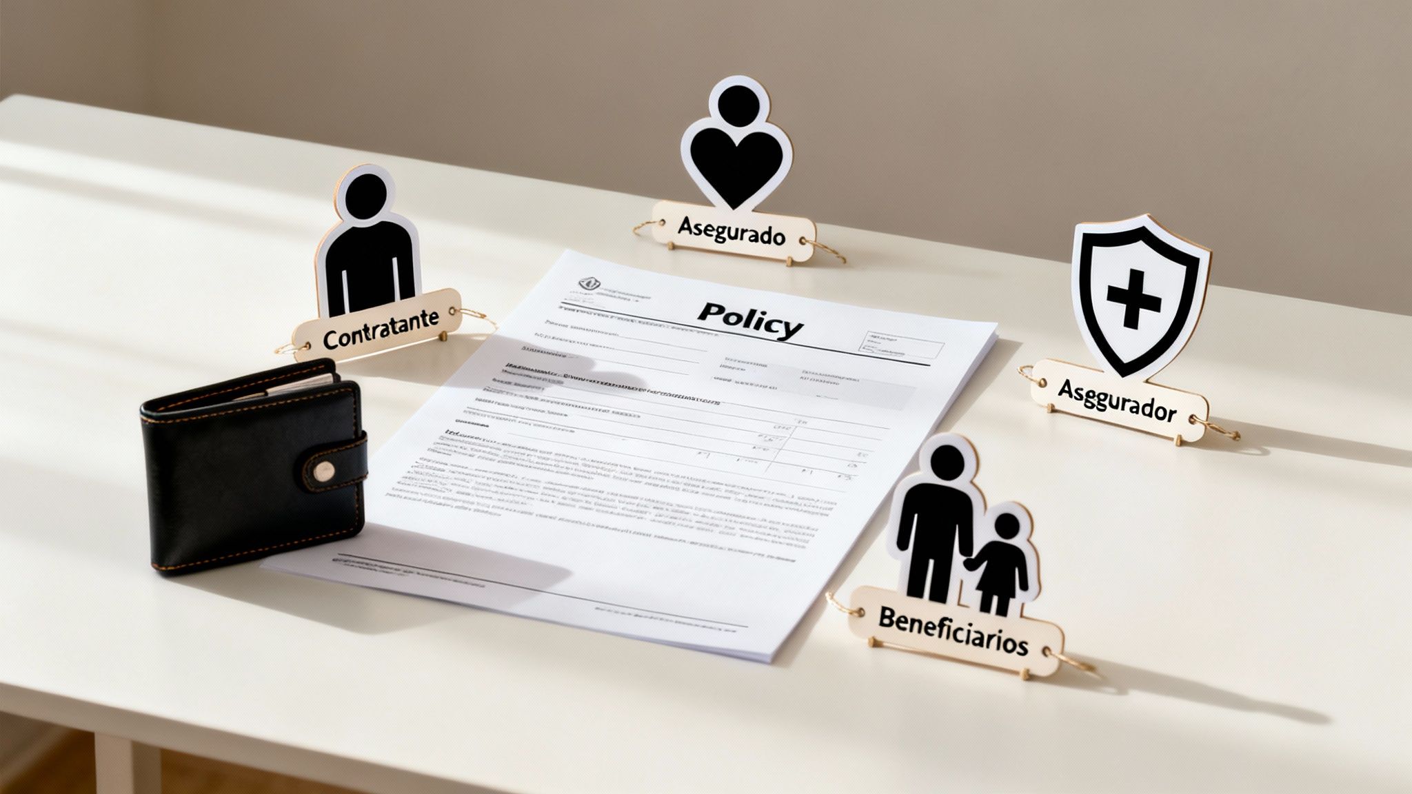 Documento de póliza de seguro con figuras que representan al contratante, asegurado, asegurador y beneficiarios.
