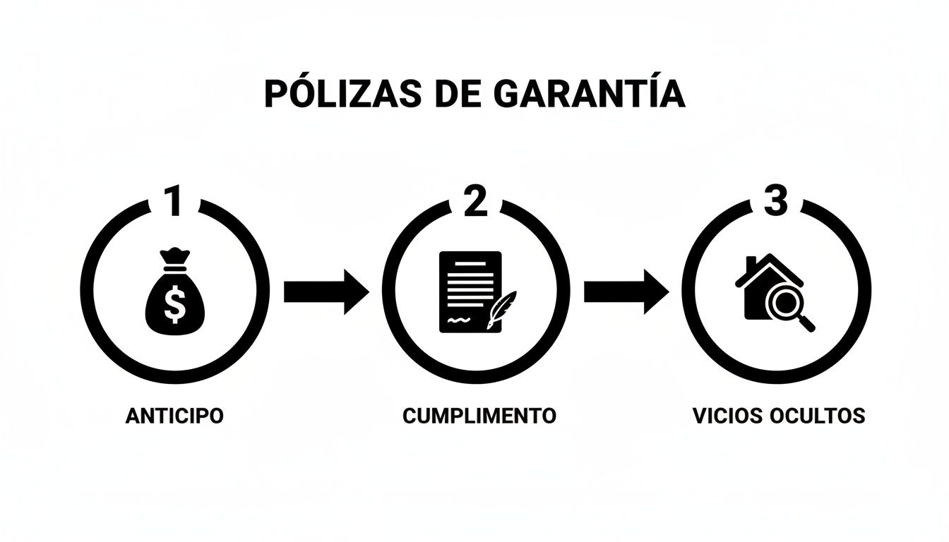 Diagrama de flujo que ilustra las tres etapas de las pólizas de garantía: anticipo, cumplimiento y vicios ocultos.