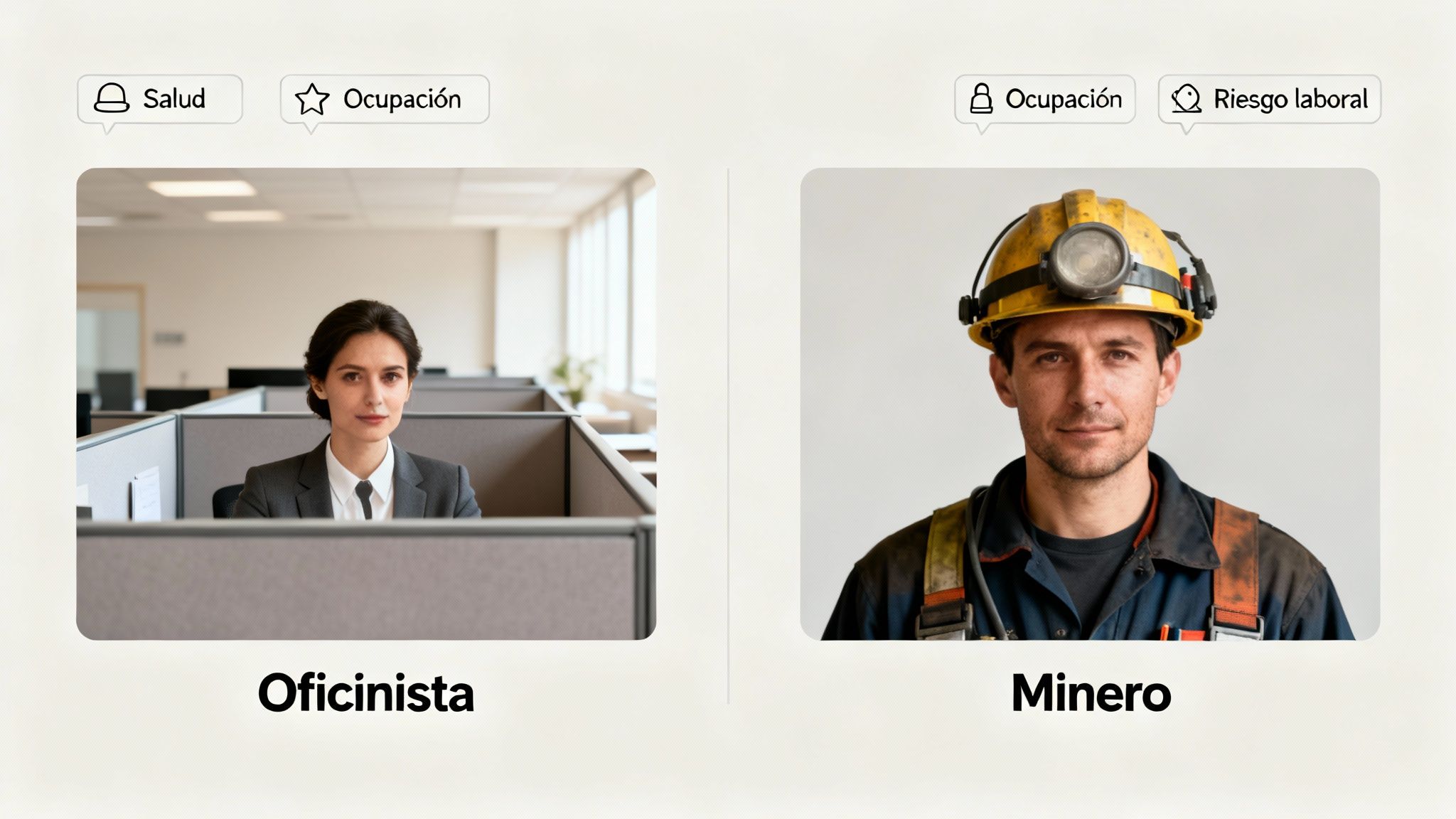 Imagen comparativa de una oficinista y un minero, representando distintas ocupaciones y riesgos laborales.