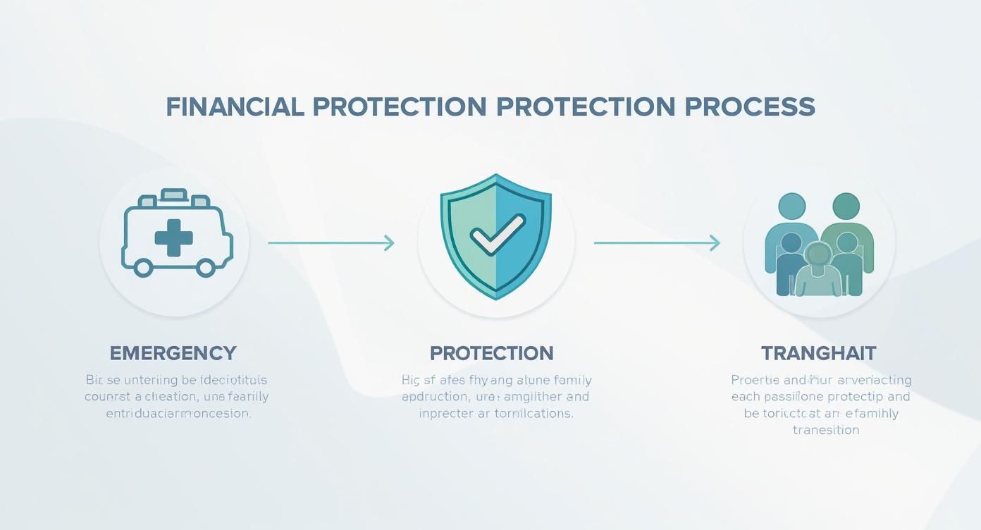 Infografía que ilustra el proceso de protección financiera de un seguro médico familiar en tres pasos: emergencia, protección y tranquilidad.