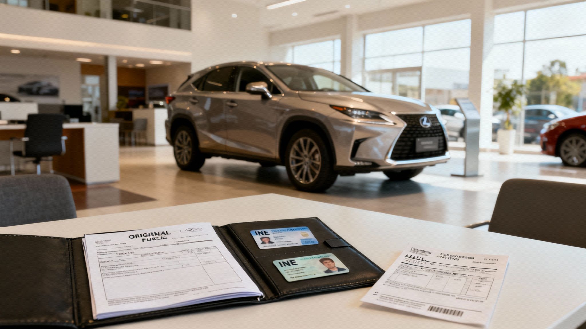 Una persona organizando documentos como factura, INE y comprobante de domicilio sobre un escritorio para tramitar las placas de su auto nuevo.