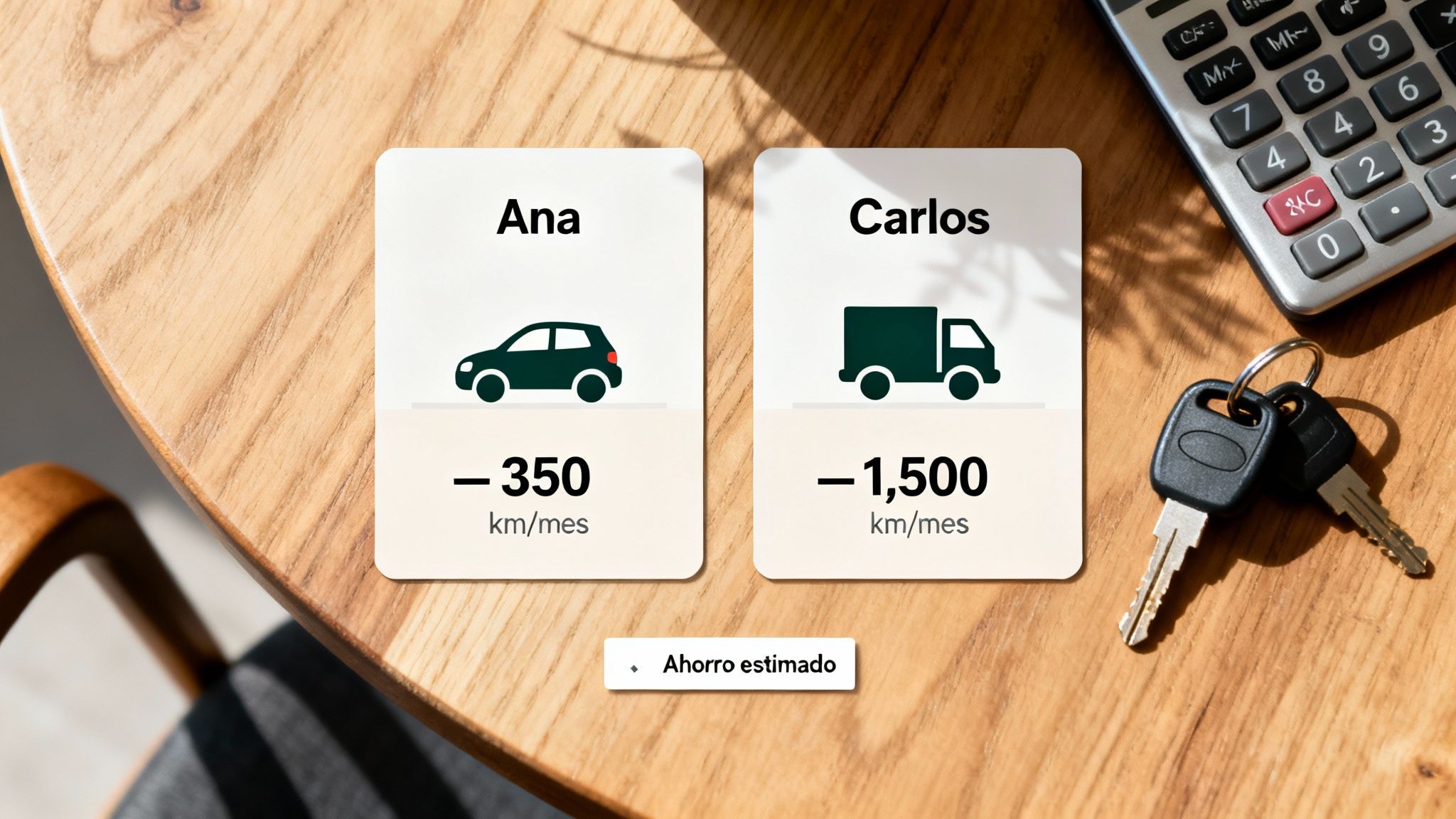 Mesa de madera con tarjetas comparando el kilometraje de Ana (coche) y Carlos (camión), con ahorro estimado, calculadora y llaves.