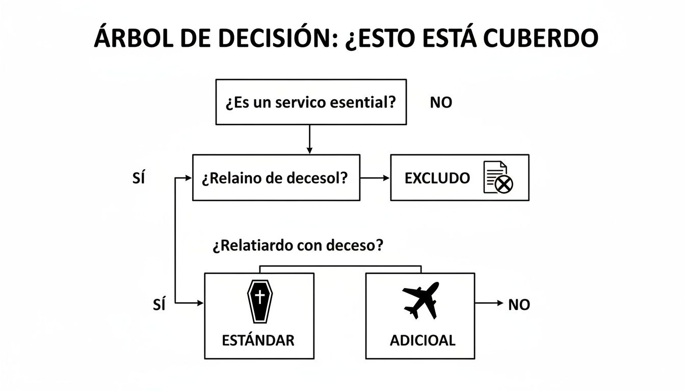 Árbol de decisión sobre cobertura de servicio esencial, reclamo por deceso y viaje, llevando a exclusión, estándar o adicional.