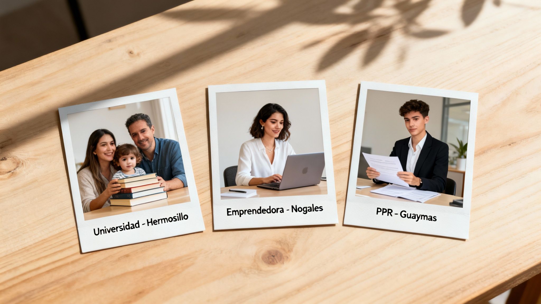 Tres fotos tipo polaroid en una mesa de madera. Muestran una familia, una emprendedora y un joven profesional, representando diferentes etapas de la vida.