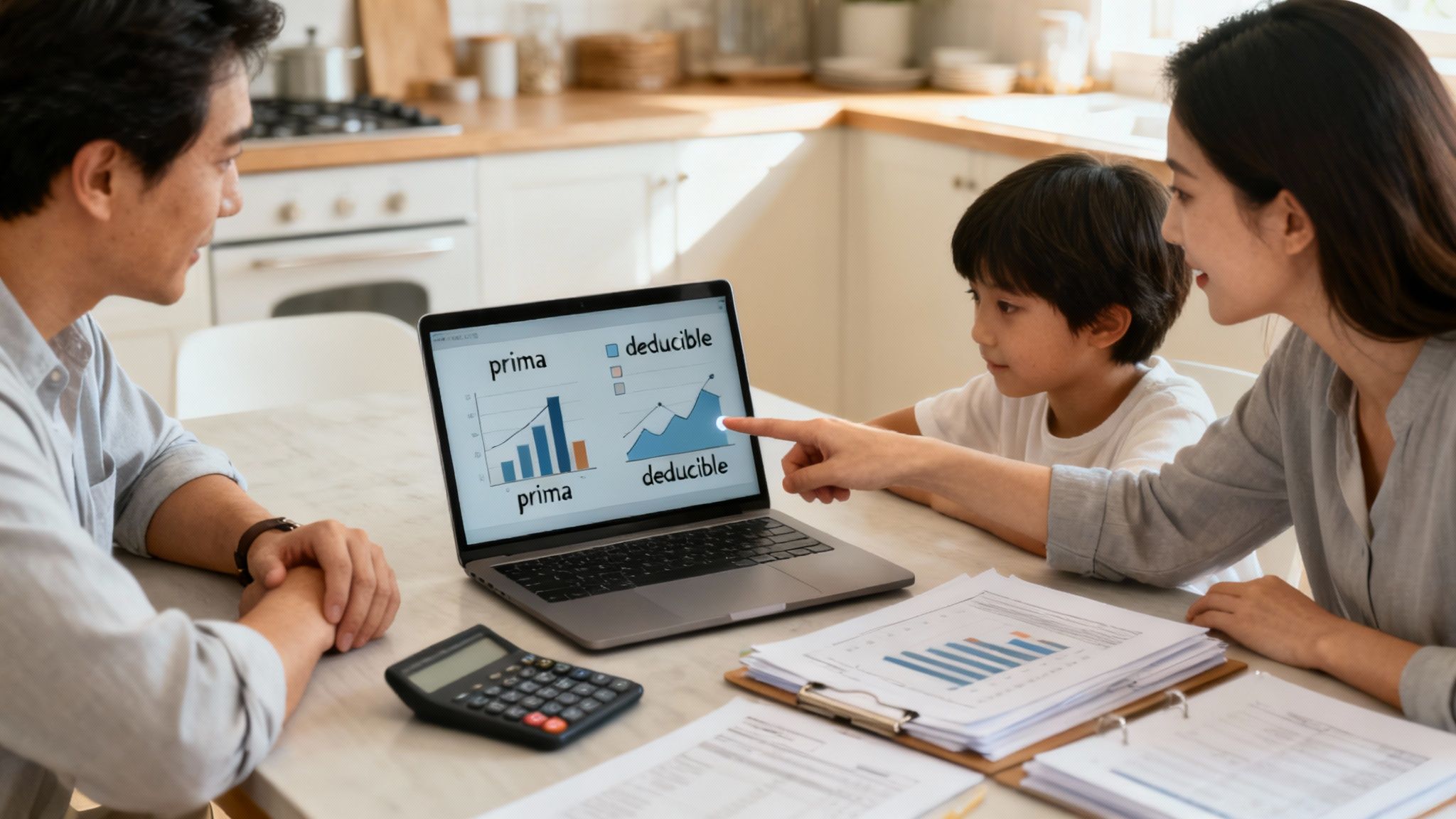 Calculadora y documentos de seguro sobre una mesa, representando los factores que determinan el costo de un seguro médico familiar.