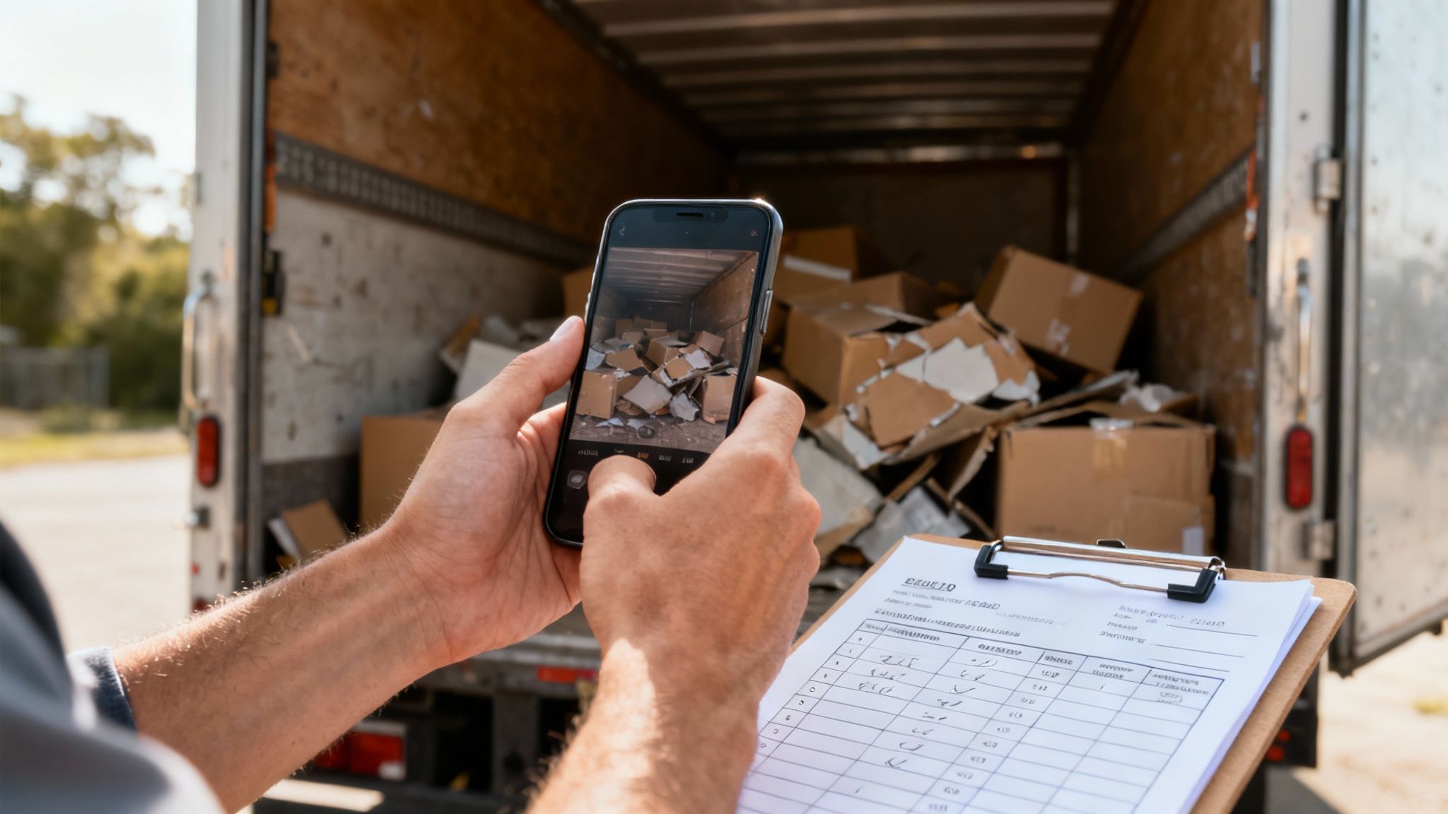 Conductor documentando daños en carga con teléfono móvil frente a camión con cajas rotas