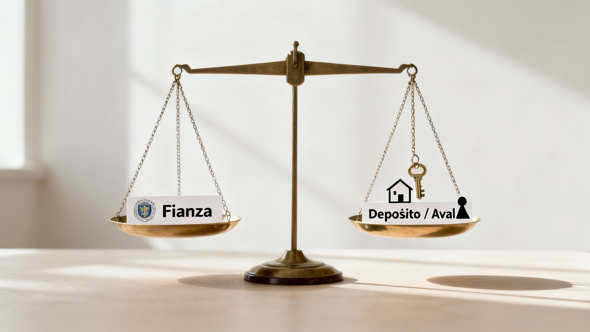 Balanza equilibrada comparando fianza con depósito y aval para opciones de arrendamiento.