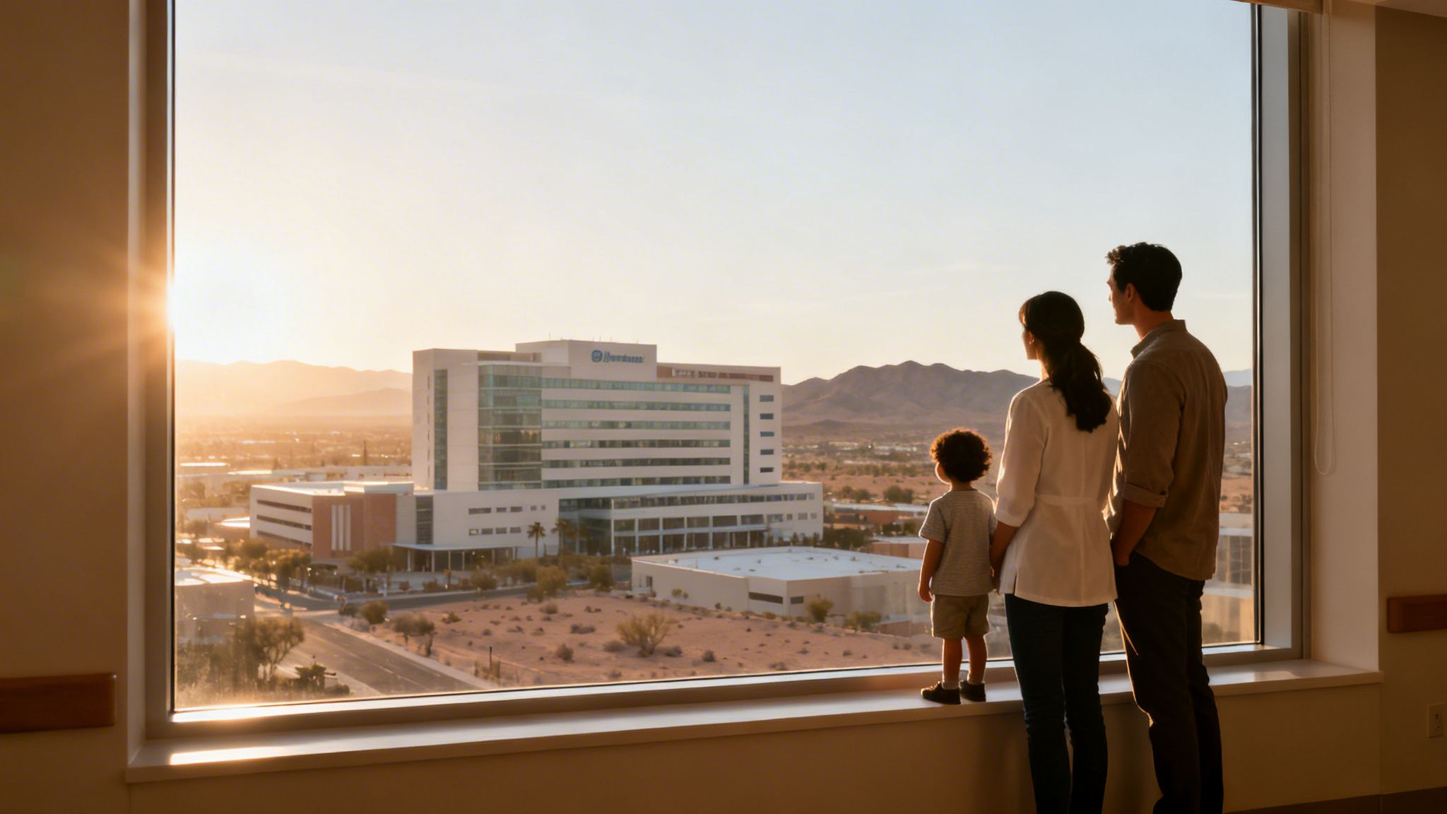 Familia mirando un hospital moderno desde una ventana al atardecer, simbolizando esperanza y salud.