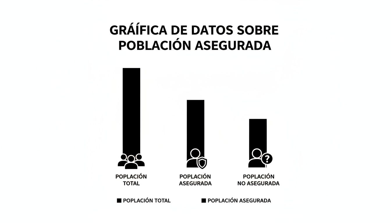 Gráfica de barras que ilustra la población total, asegurada y no asegurada, resaltando la distribución.