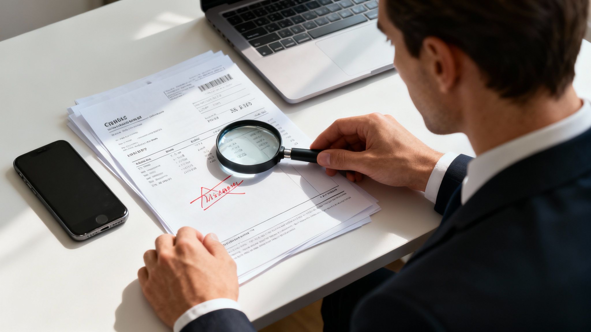 Empresario profesional examinando documentos de fianzas con lupa junto a computadora portátil