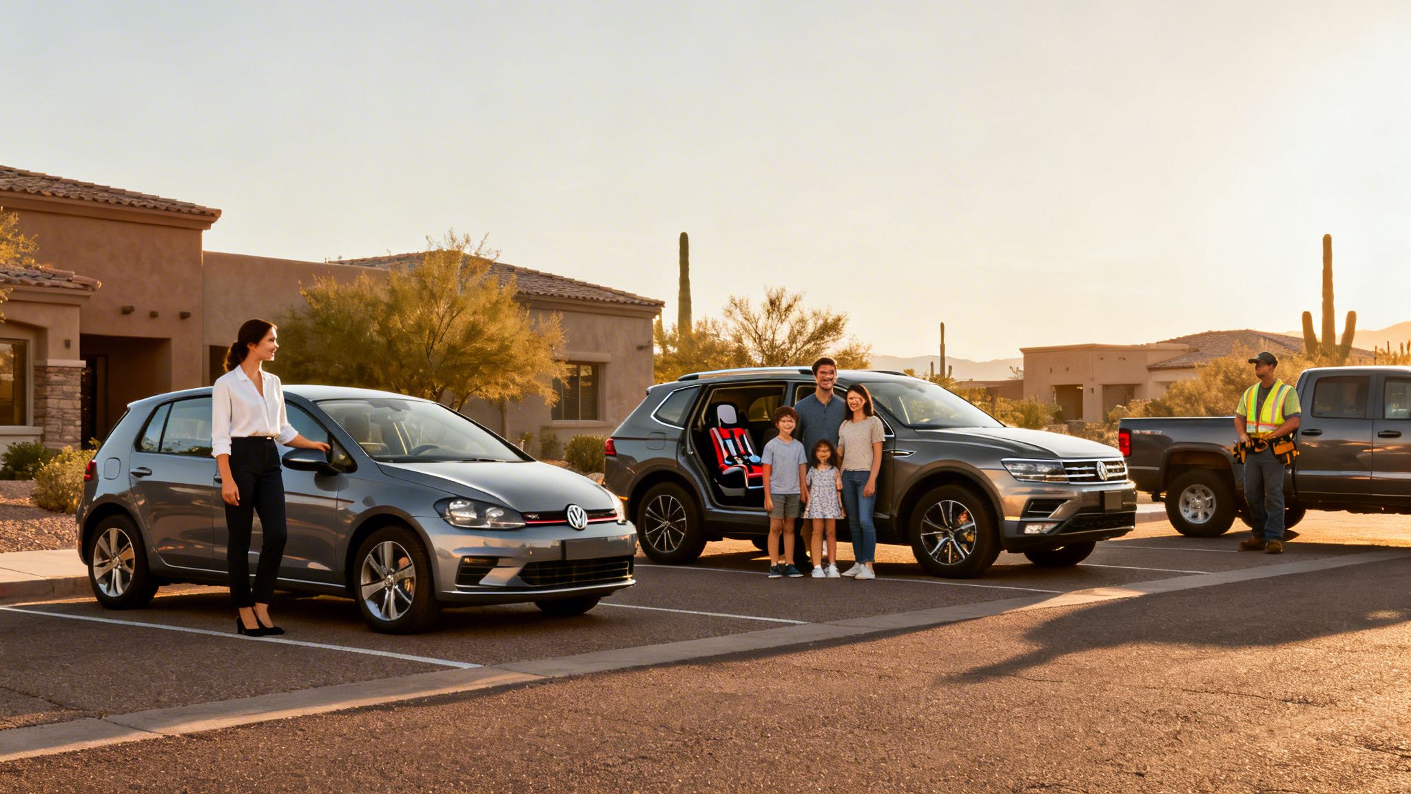 Una mujer, una familia y un trabajador con sus autos estacionados al atardecer en el desierto.