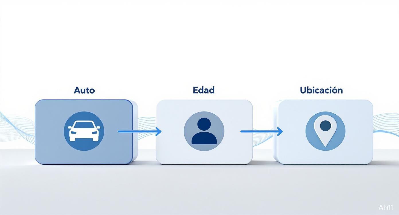 Diagrama que muestra los factores 'Auto', 'Edad' y 'Ubicación' conectados por flechas, representando un flujo de información.