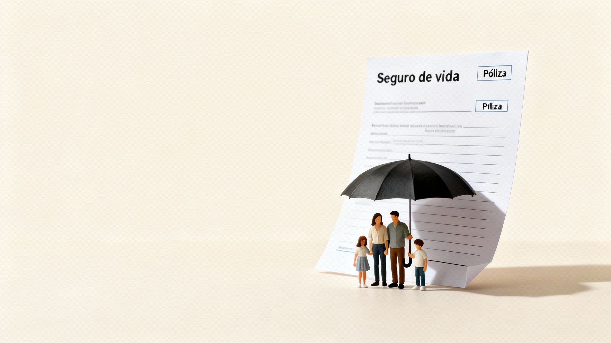 Familia de miniaturas bajo un paraguas negro junto a un documento de seguro de vida.