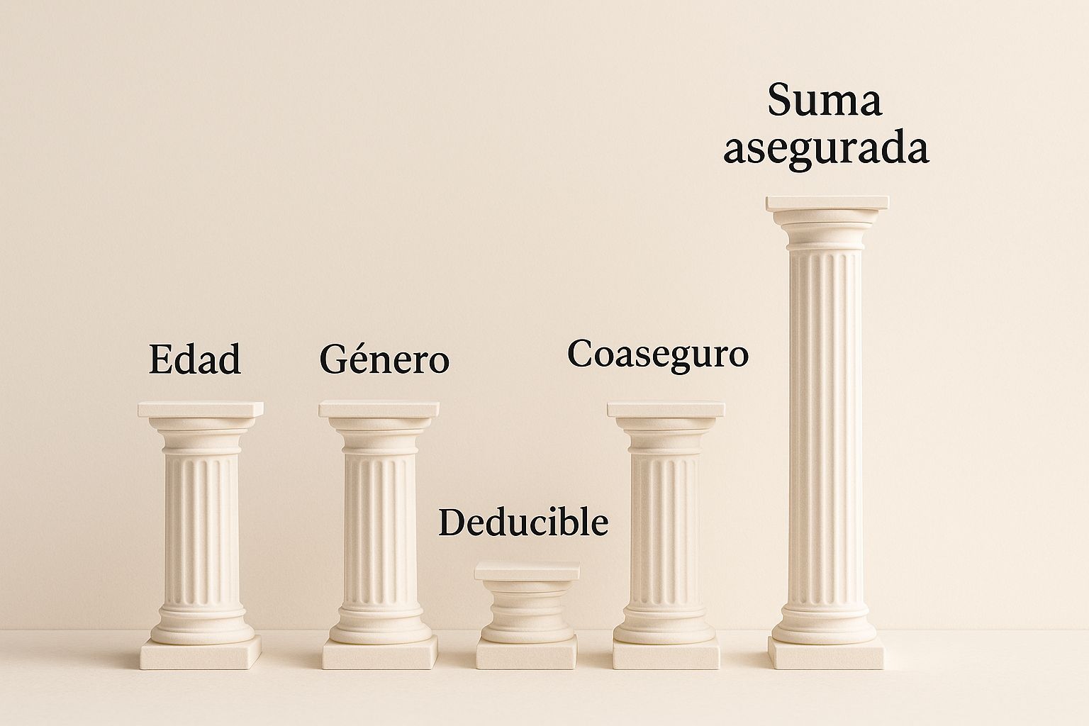 Infografía que muestra los 5 pilares del costo de un seguro de gastos médicos mayores: Edad, Género, Deducible, Coaseuro y Suma Asegurada