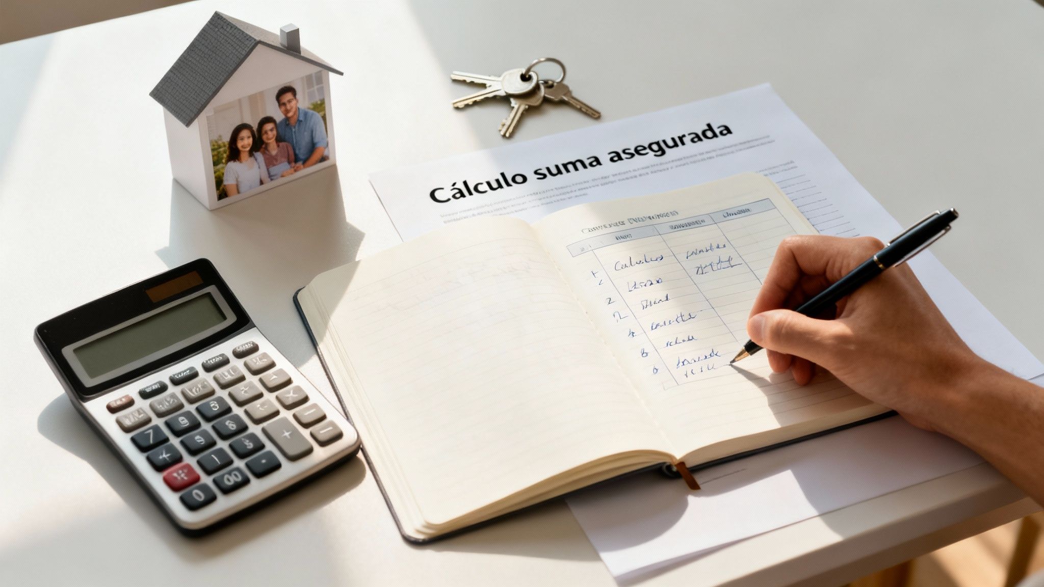Mano escribiendo cálculos en un cuaderno junto a una calculadora, casa modelo y llaves, sobre un documento de seguro.