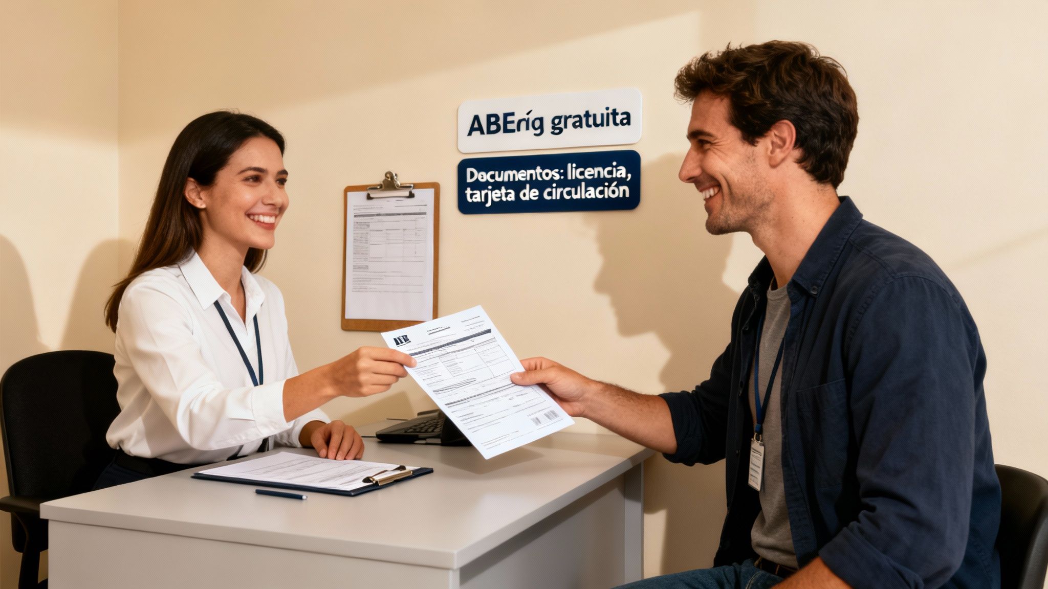 Una empleada sonriente entrega documentos a un cliente en una oficina de atención.