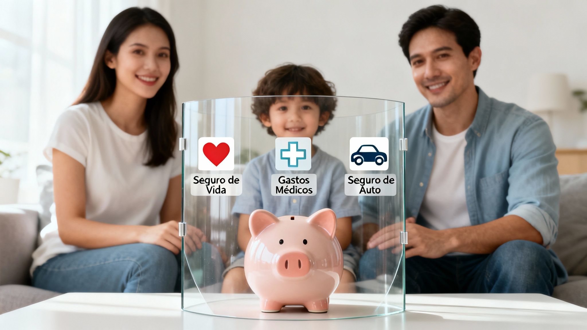 Familia asiática sonriente con niño, alcancía protegida y seguros de vida, gastos médicos y auto.