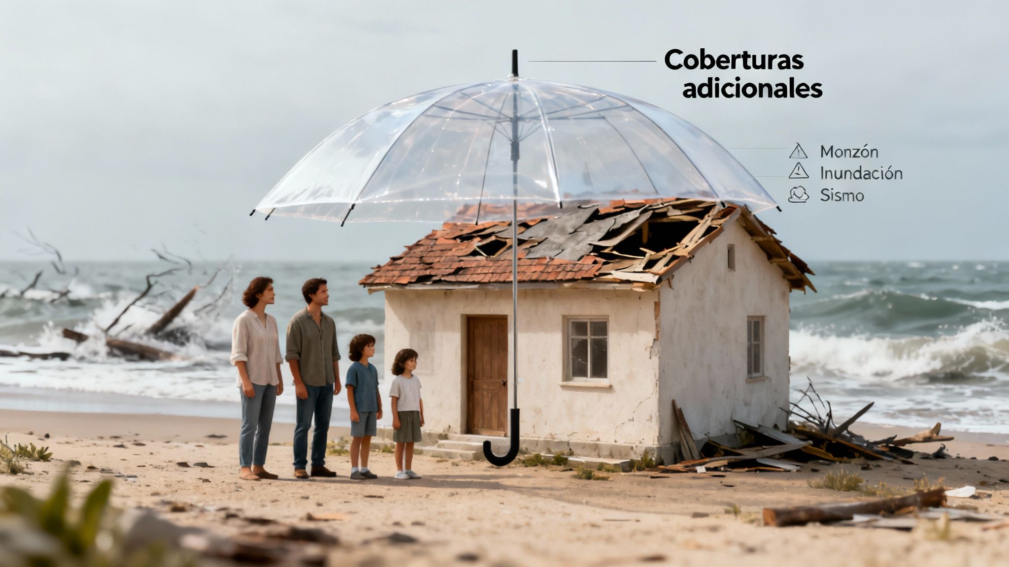 Una familia bajo un paraguas transparente protegiendo su hogar dañado en una playa. Coberturas adicionales: monzón, inundación, sismo.