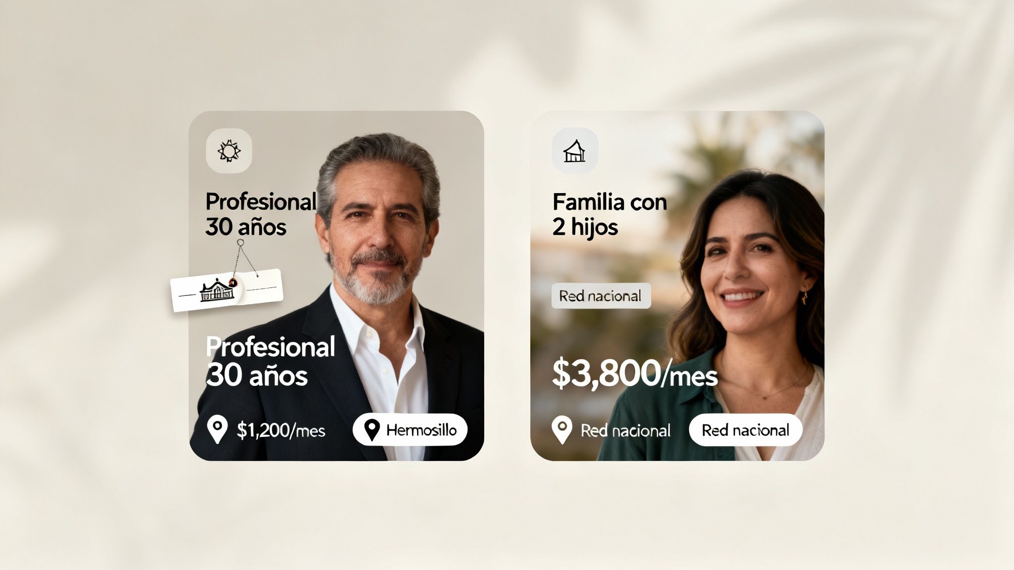 Dos tarjetas comparan perfiles de seguros: un profesional de 30 años y una familia con 2 hijos, mostrando precios y ubicaciones.