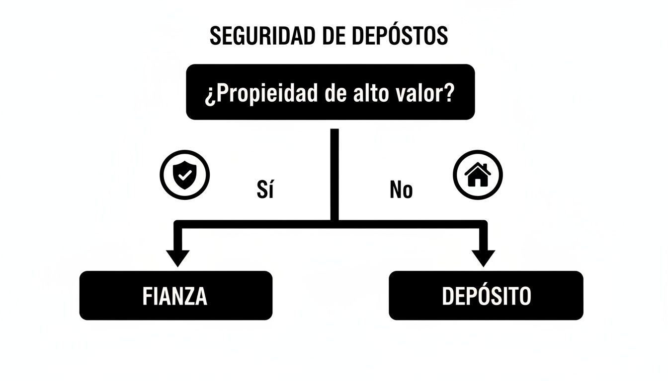 Diagrama de flujo sobre seguridad de depósitos, preguntando si la propiedad es de alto valor para decidir entre fianza o depósito.