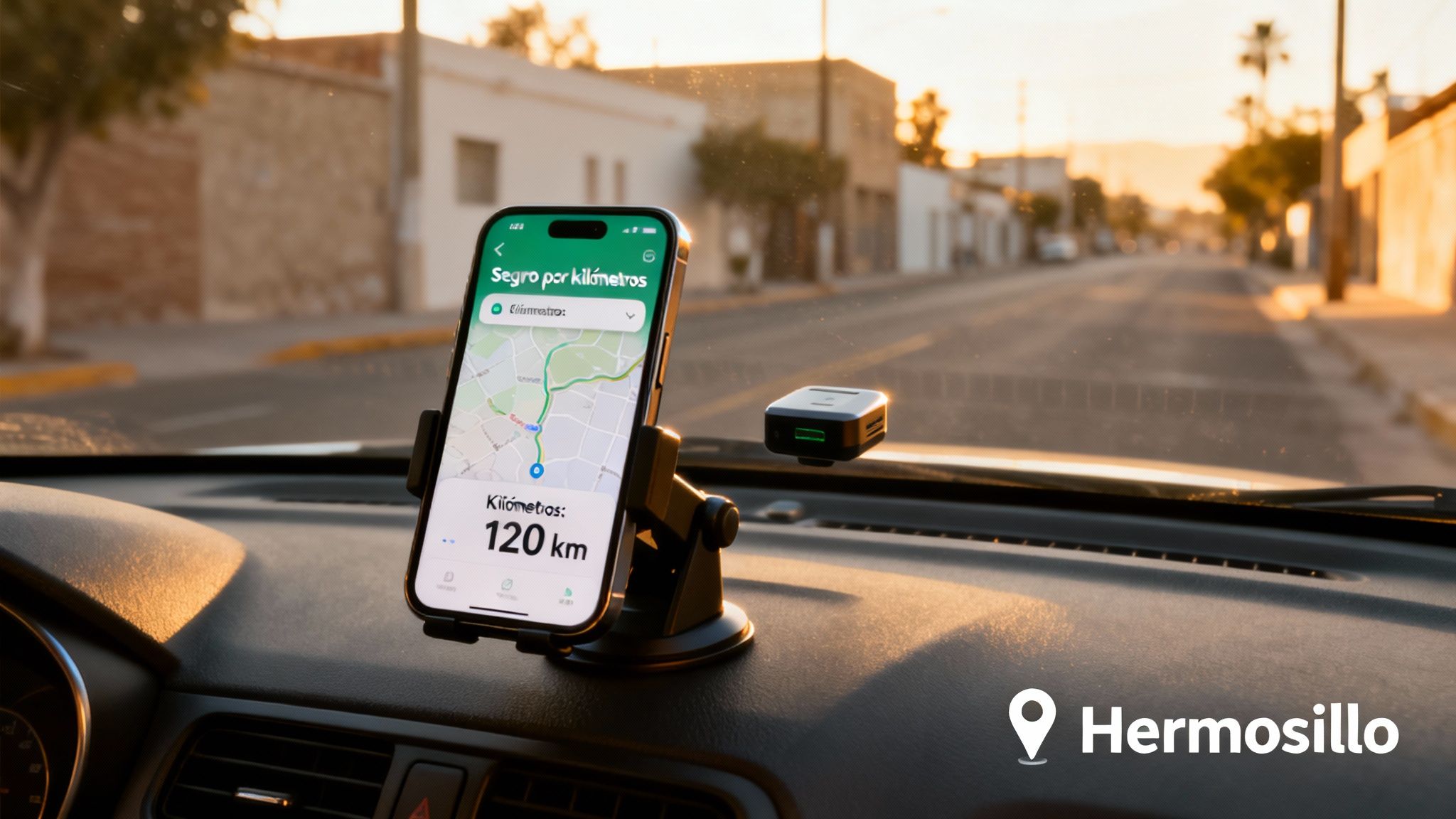 Aplicación de seguro de coche por kilómetros en un teléfono montado en el salpicadero de un coche, en Hermosillo.