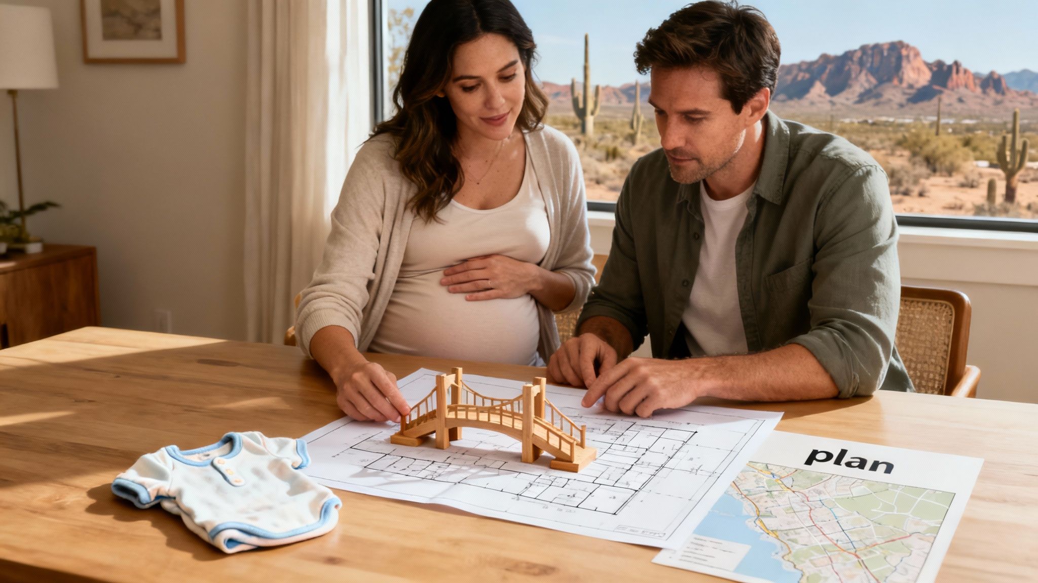 Pareja embarazada revisando planos arquitectónicos y mapas mientras planifican su futuro familiar en casa