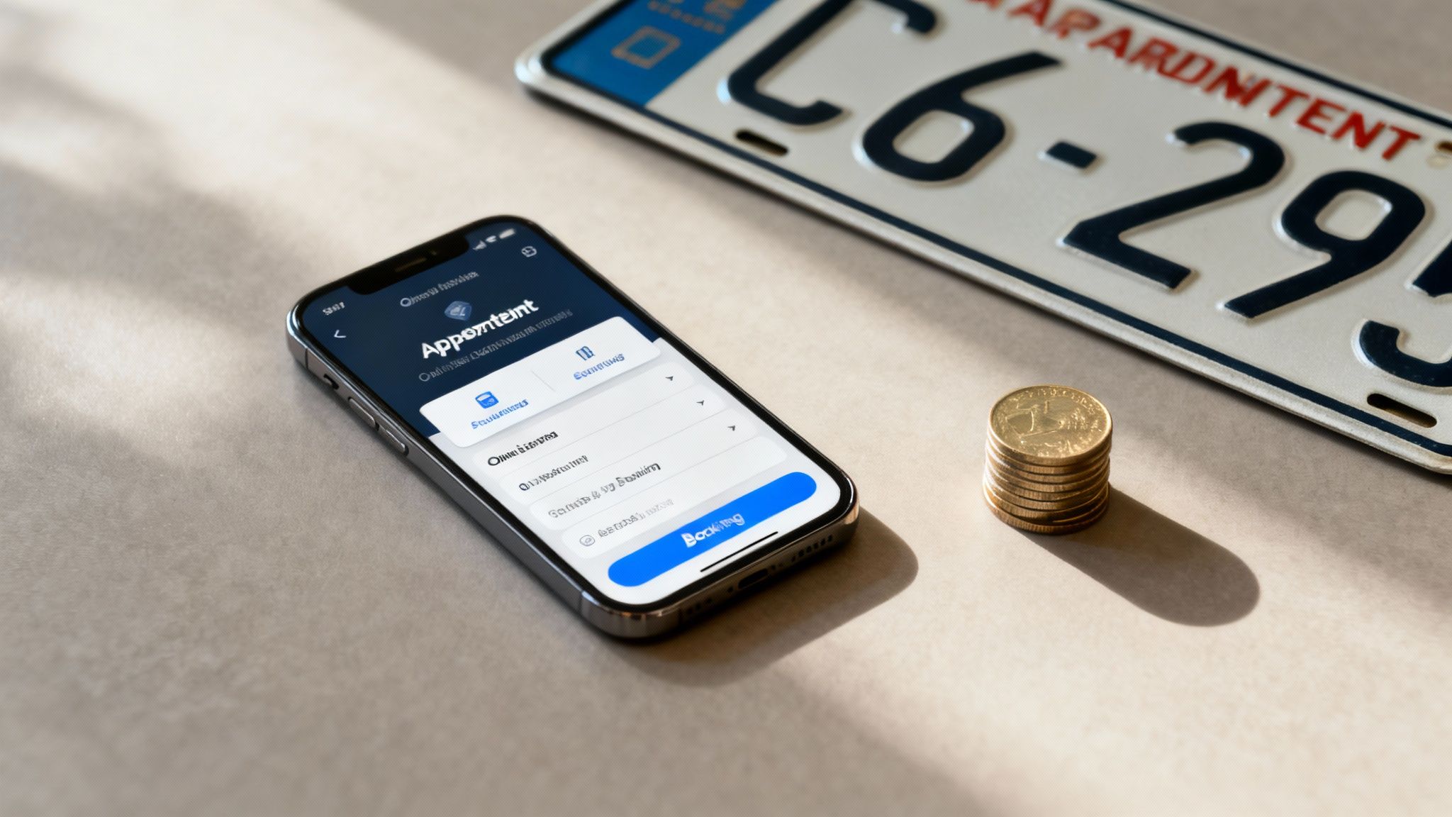 Un mapa de Hermosillo con pines marcando las ubicaciones de las Agencias Fiscales, sobre un escritorio con llaves de auto y dinero.