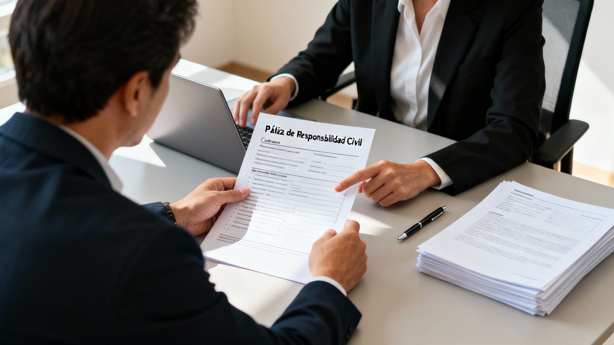 Asesor de seguros explicando los detalles de una póliza de responsabilidad civil a un cliente.