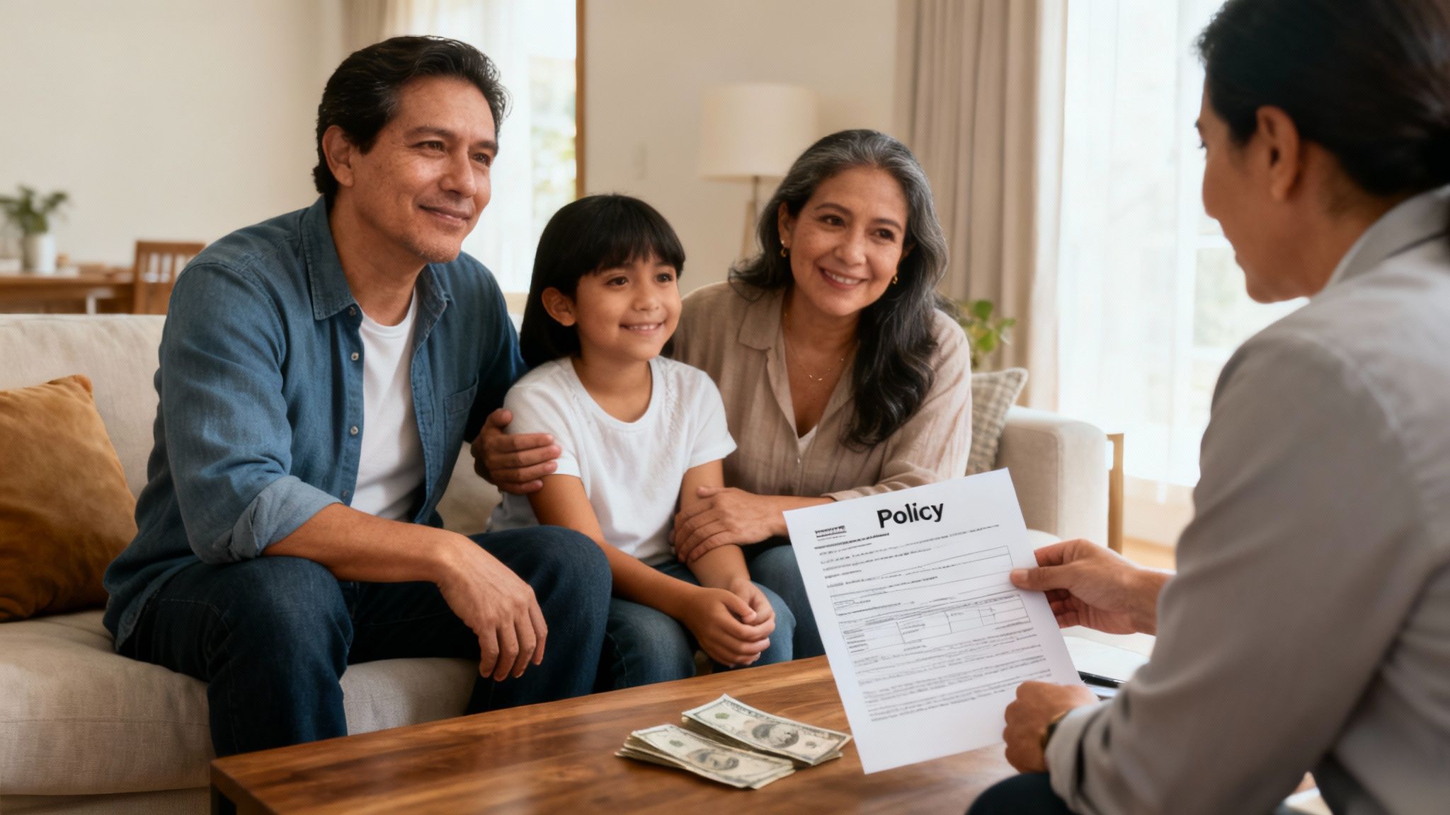 Familia sonorense recibiendo apoyo y consuelo, con el texto "Cómo actúa tu seguro de vida en situaciones reales"