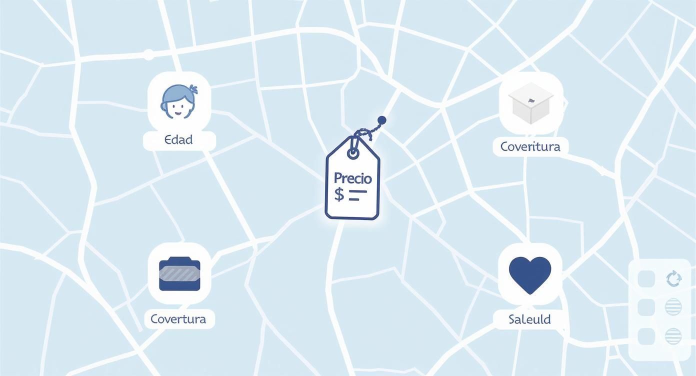 Infografía que muestra cómo la edad, el tipo de cobertura y el estado de salud son factores clave que determinan el precio de un seguro médico.