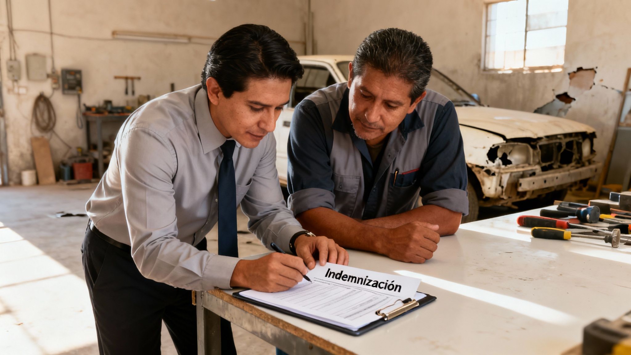 Un ajustador de siniestros ayuda a un mecánico a firmar un documento de indemnización en un taller de coches.