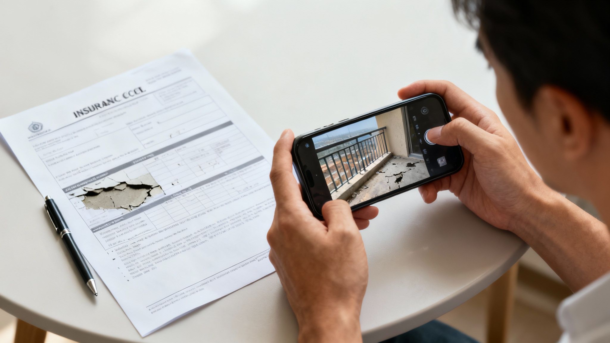 Persona fotografiando daño en pared con teléfono móvil junto a formulario de seguro de responsabilidad civil