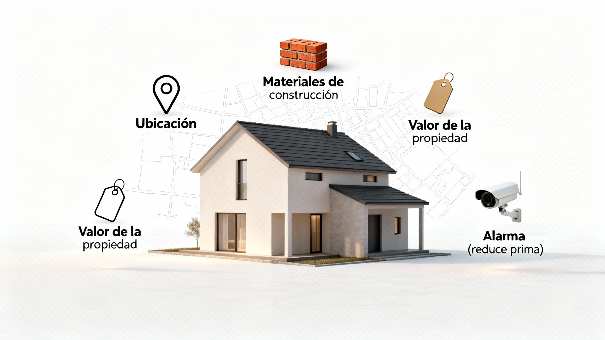 Factores clave del seguro de hogar: ubicación, materiales de construcción, valor de la propiedad y sistema de alarma.