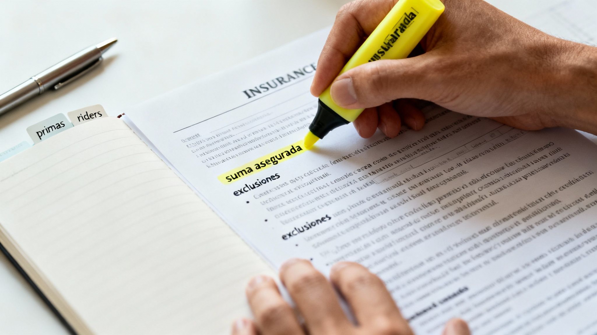Una persona revisa y subraya "suma asegurada" y "exclusiones" en un documento de seguro, con pestañas de "primas" y "riders".