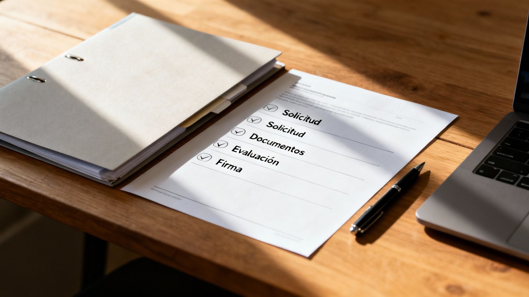 Checklist de solicitud con documentos, evaluación y firma, junto a un archivador, bolígrafo y portátil.