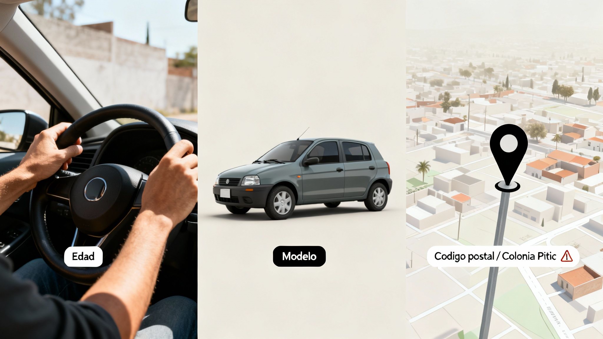 Una persona conduciendo un coche, un modelo de automóvil y un mapa con ubicación, indicando datos para seguro de auto.