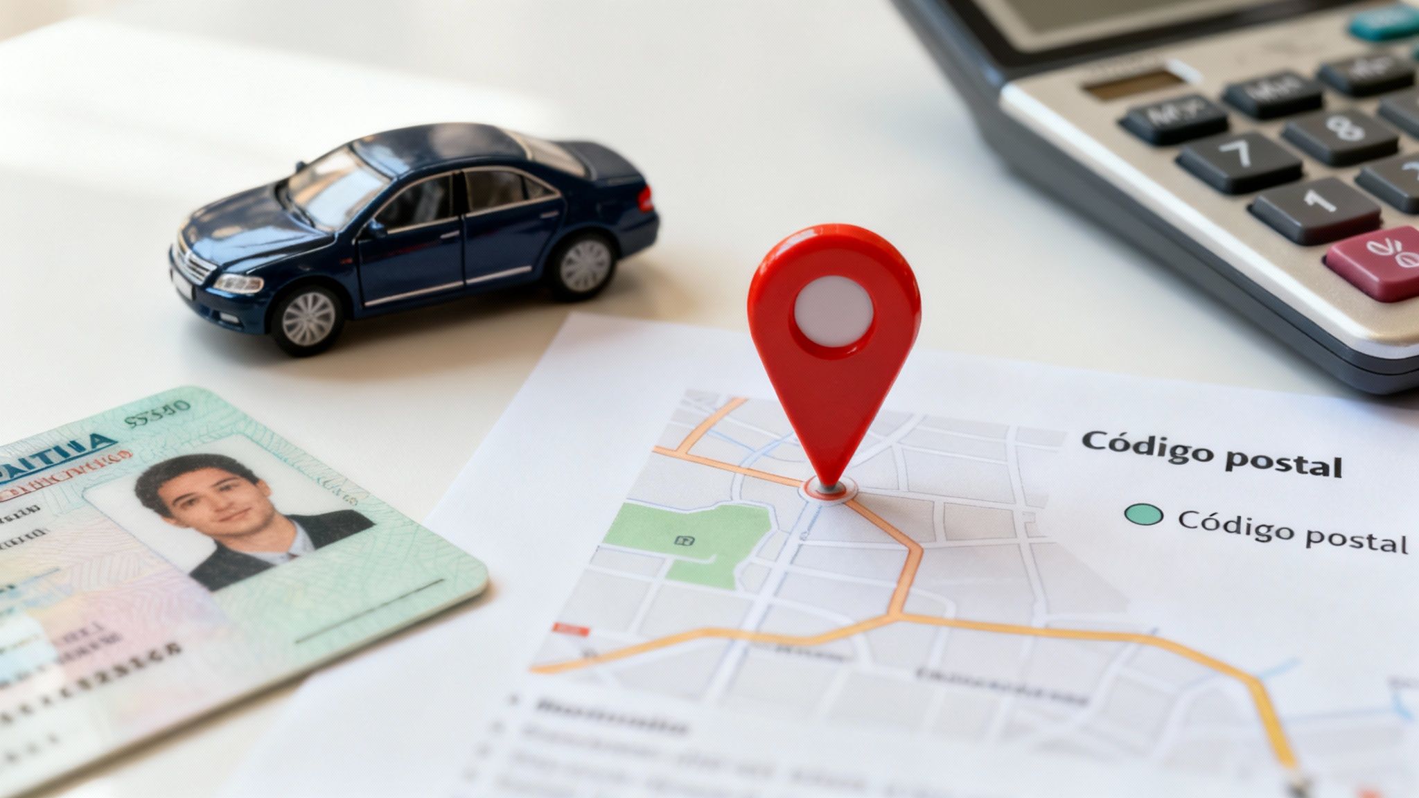Mini coche azul, mapa con pin de ubicación rojo, identificación y calculadora, simbolizando búsqueda de código postal o seguro.